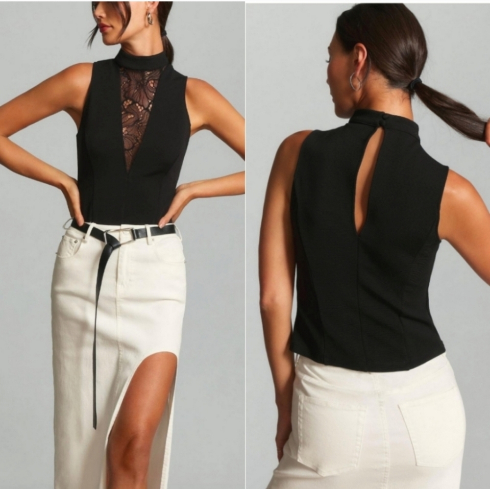 Anthropologie Black Sleeveless Mock Neck Lace Inset Stretch Keyhole Back Top NWT
